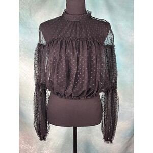 Impulsive Black Swiss Dot Sheer Mesh Mock Neck Ruffle Blouse Womens Large
